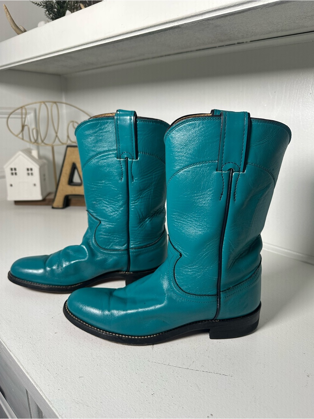 Vintage Justin Boots Women’s 6B Turquoise Blue Leather Cowboy Western Rodeo USA